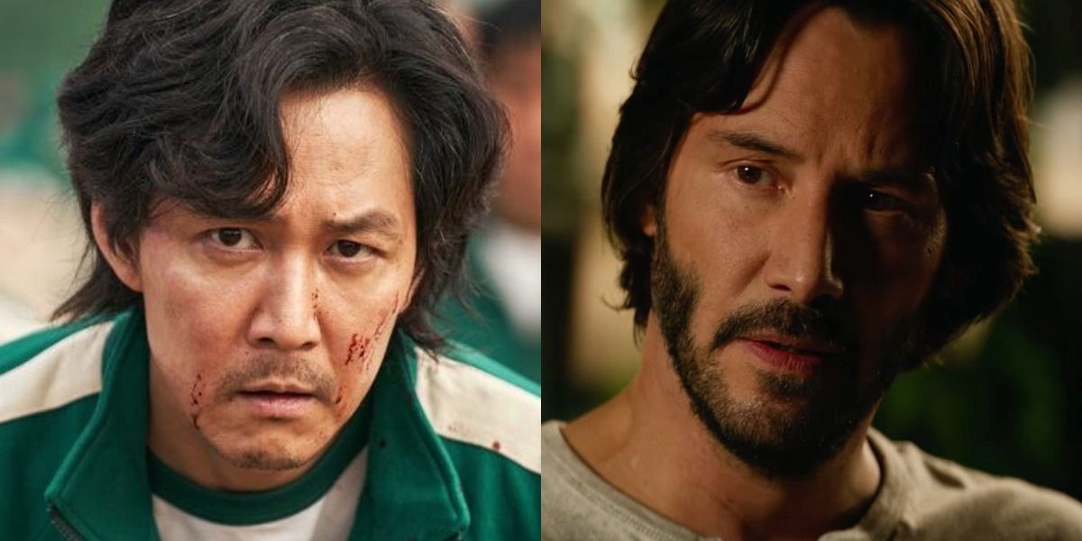 Lee Jung-jae as Seong Gi-hunin Squid Game beside a picture of Keanu Reeves as John Wick in John Wick 2