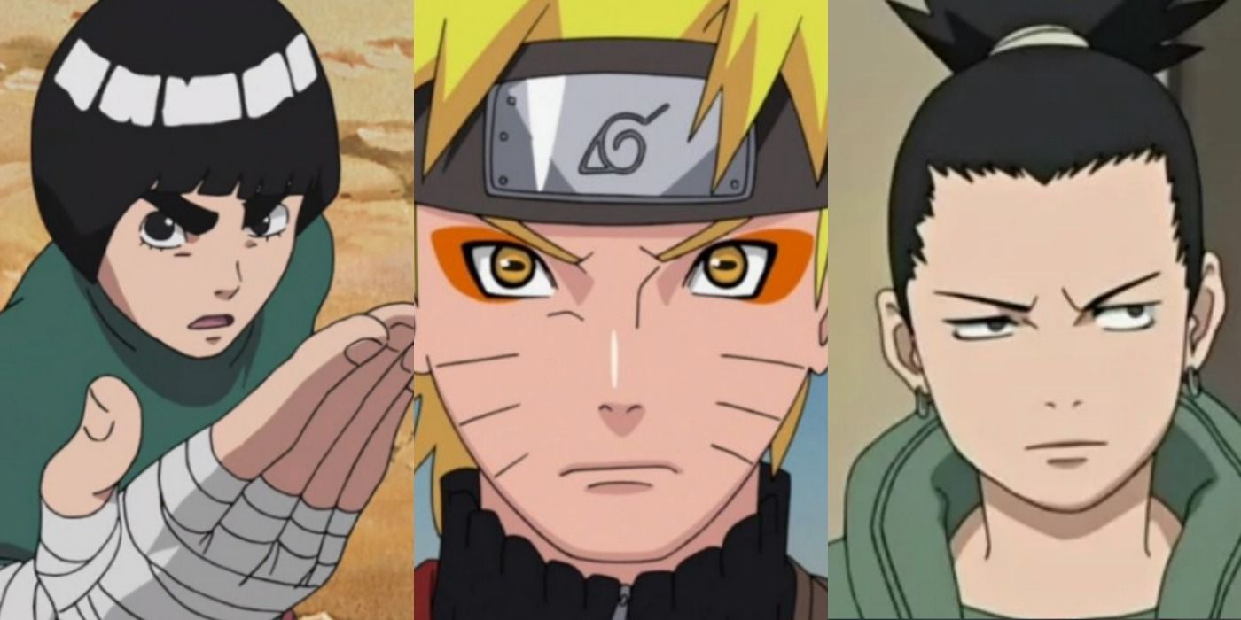 A split image depicts Rock Lee, Naruto Uzumaki, and Shikamaru Nara in Naruto