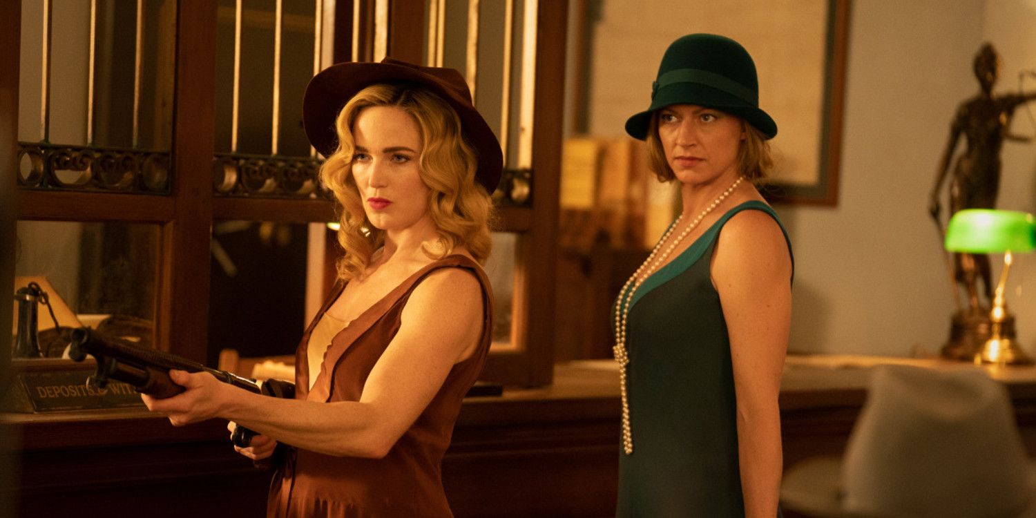 Sara Lance and Ava in an old bar in period clothing during Legends of Tomorrow