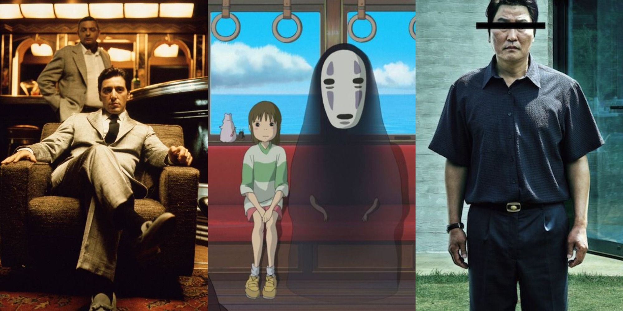 Split image of Michael Corleone, Chihiro and No Face and the poster for Parasite