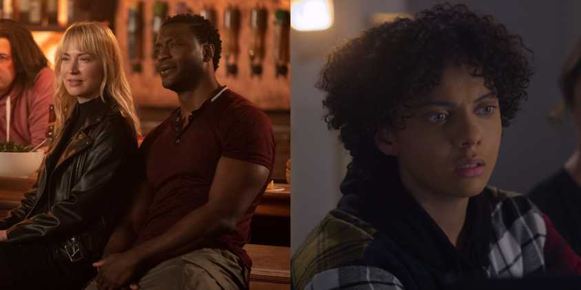 Split image of Parker & Hardison sitting & Breanna looking in the distance in Leverage: Redemption.
