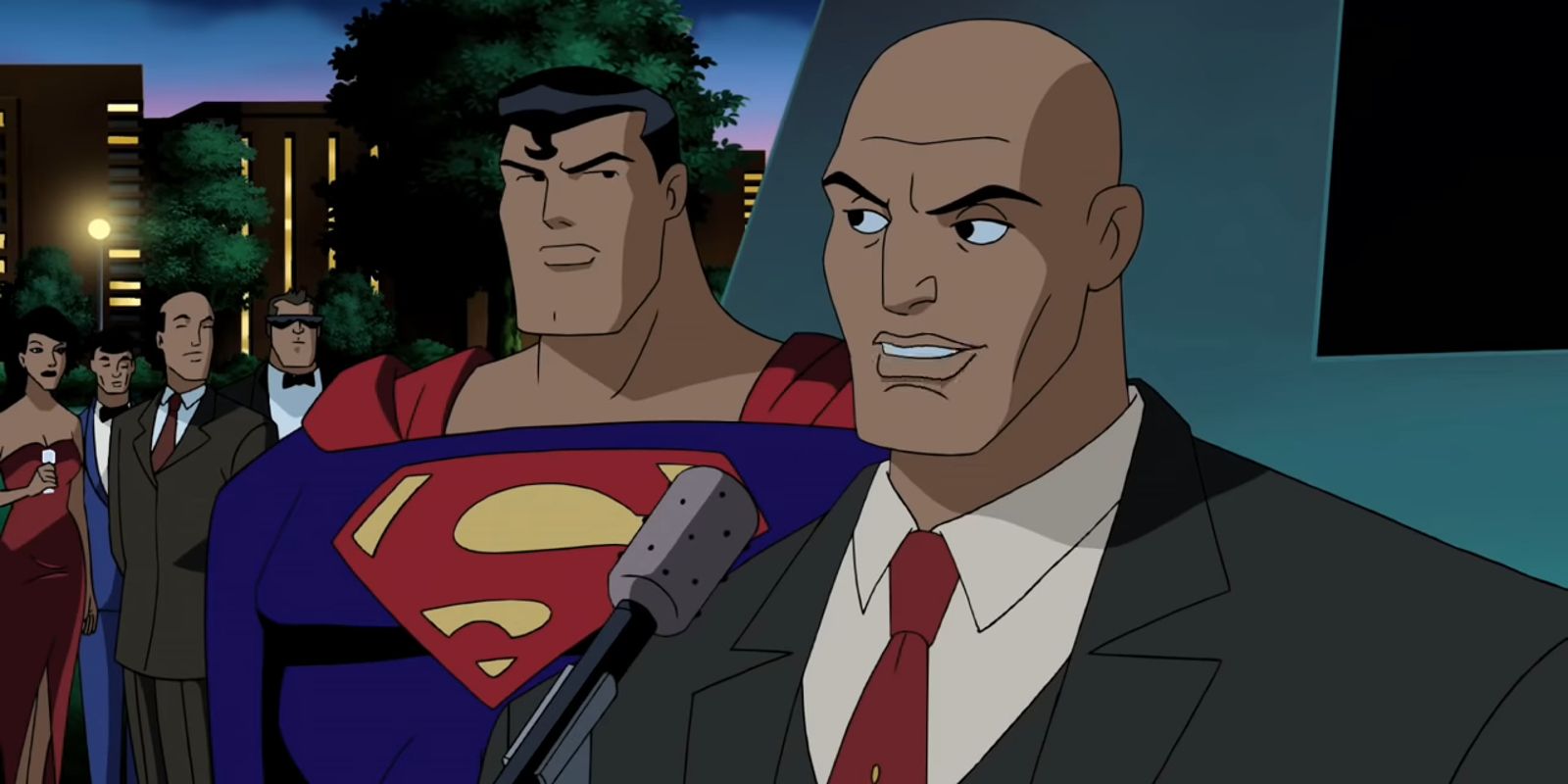 Lex Luthor making a speech beside Superman in Justice League Unlimited