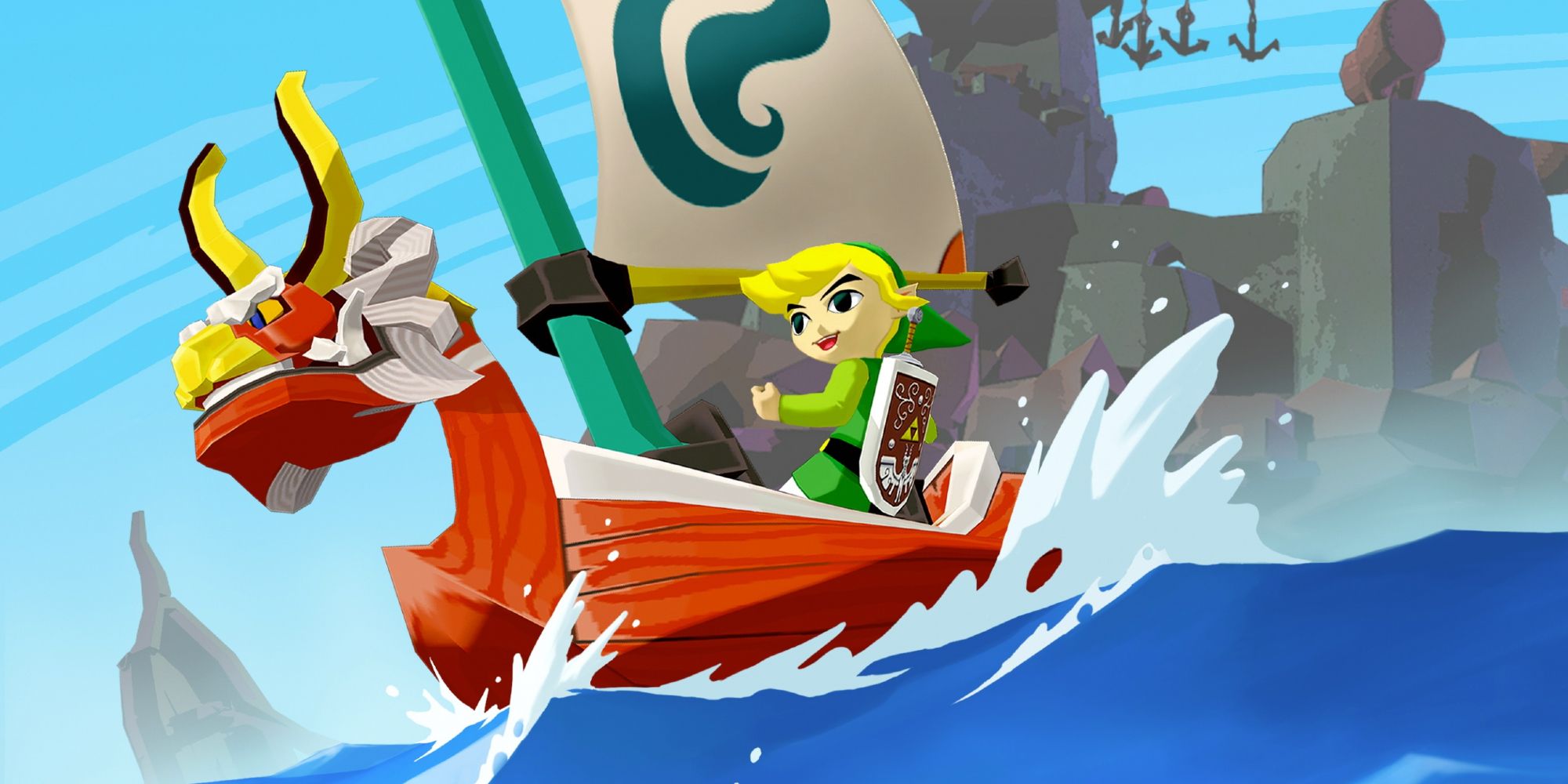 Link riding in the King of Red Lions boat in The Wind Waker.
