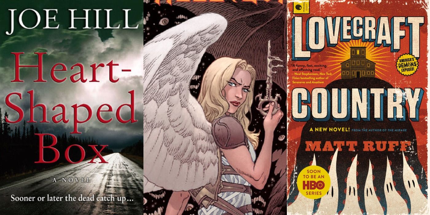 Split image of covers of Heart Shaped Box by Joe Hill, Lokce And Key Hell And Gone, and Lovecraft Country by Matt Ruff.