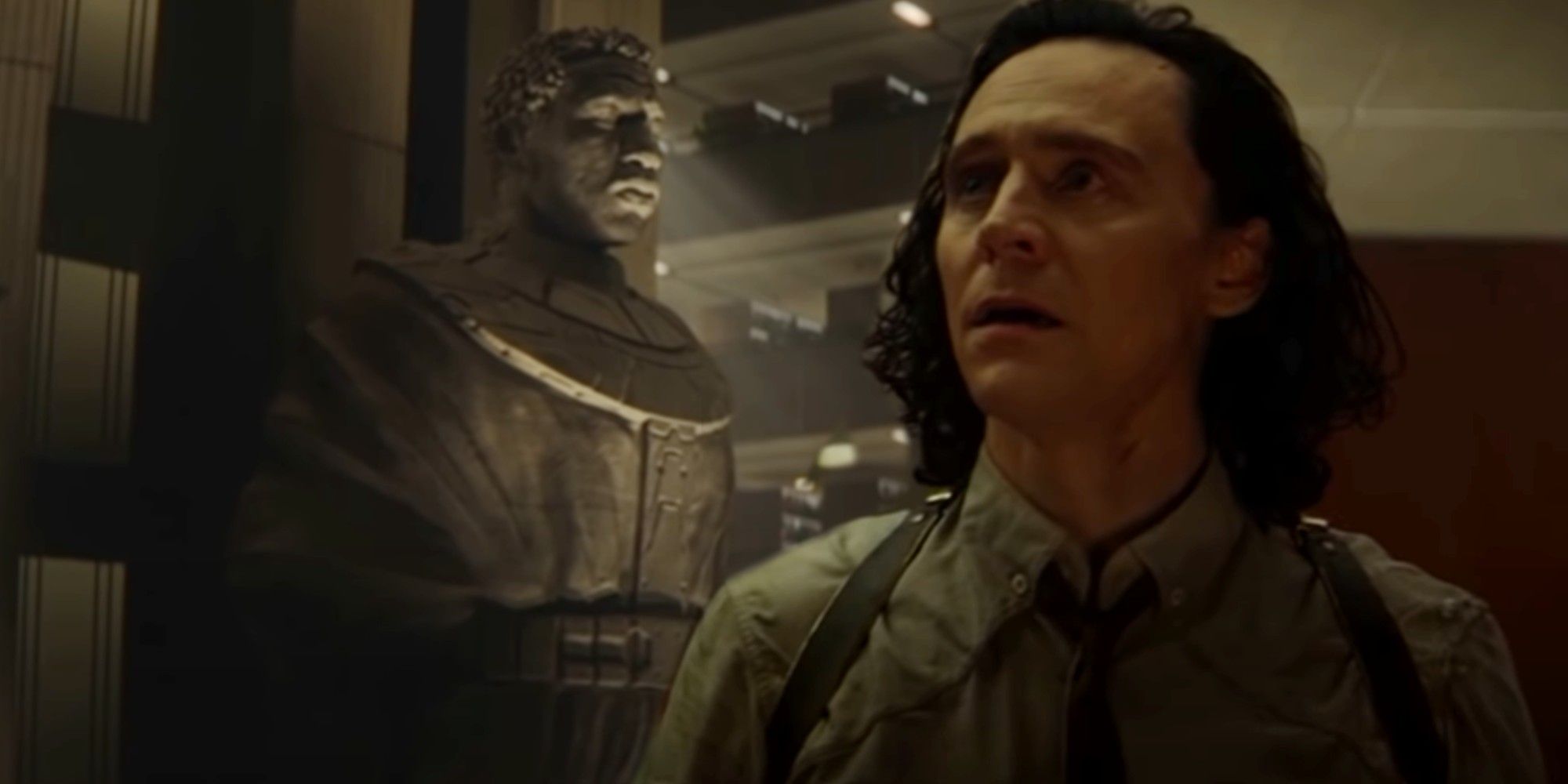 Kang's TVA statue and Tom Hiddleston as Loki