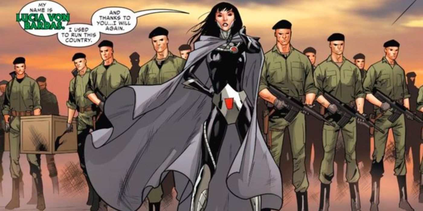 Lucia von Bardas leads soldiers in Marvel Comics.