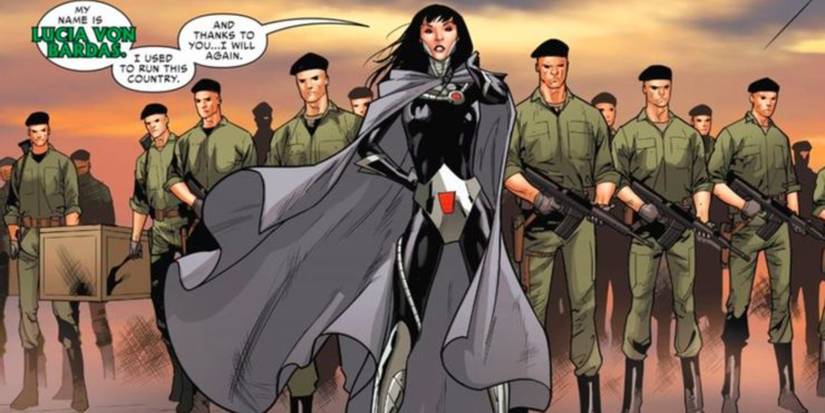 Comic book panel: Lucia von Bardas leads soldiers in Marvel Comics.