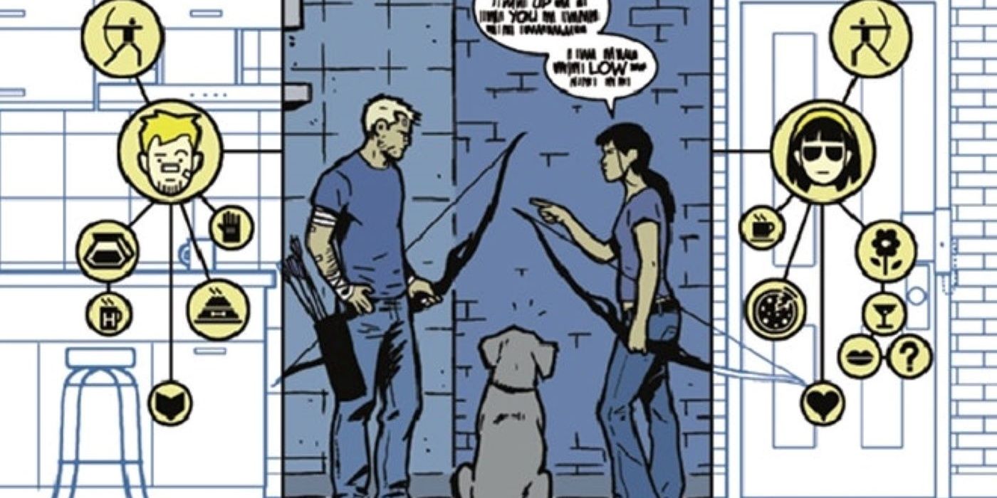 Kate points a finger at Clint while Lucky watches in Marvel Comics.