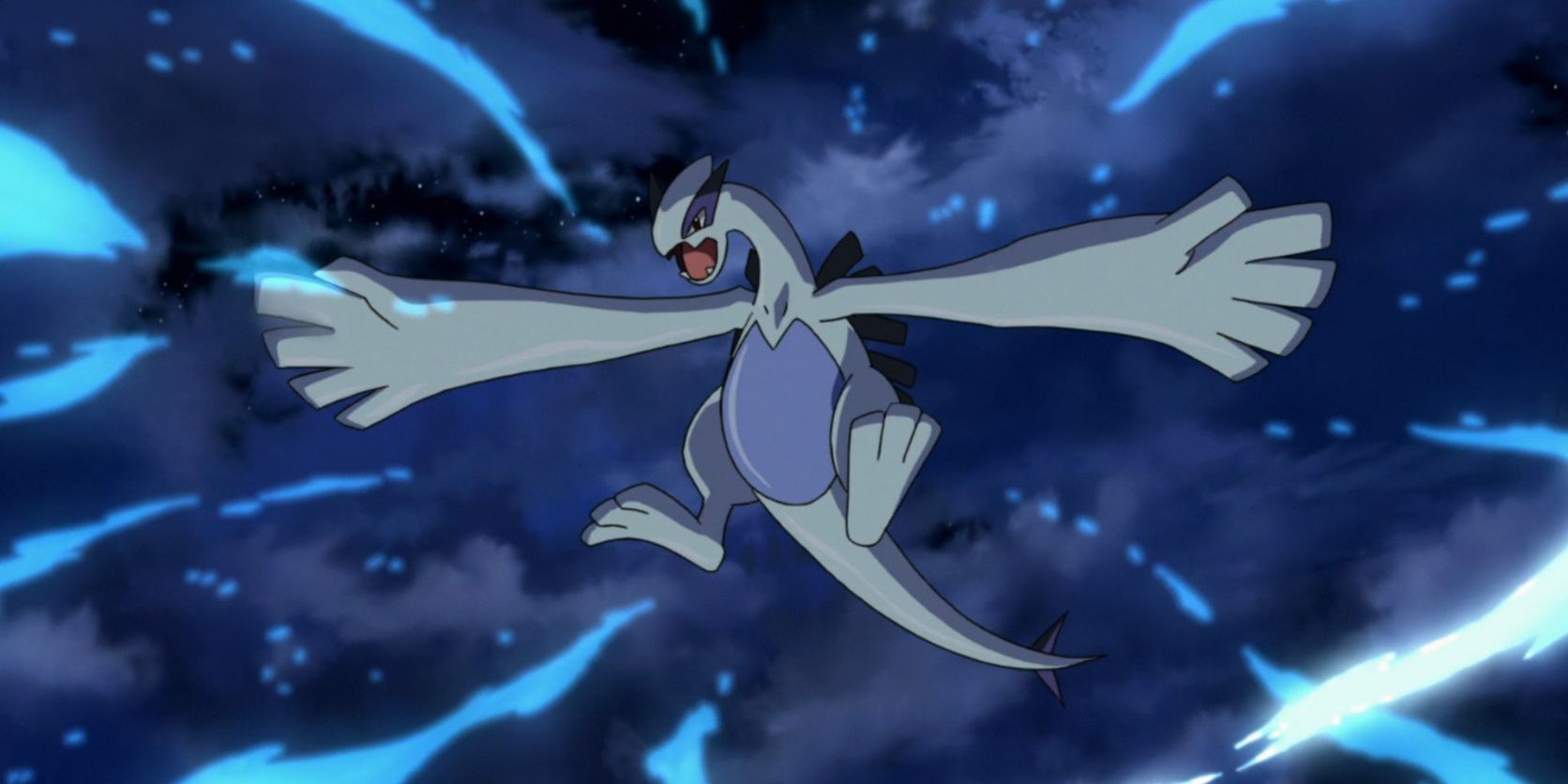 Lugia flies and attacks in the night sky in the Pokemon anime.