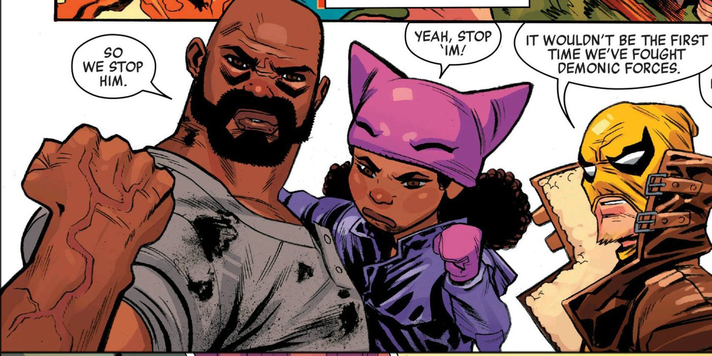Luke Cage holding his daughter as Iron Fist looks on in Marvel Comics.