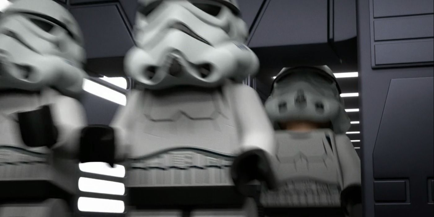 Luke Skywalker bangs his head off a doorframe as a stormtrooper in LEGO Star Wars Terrifying Tales
