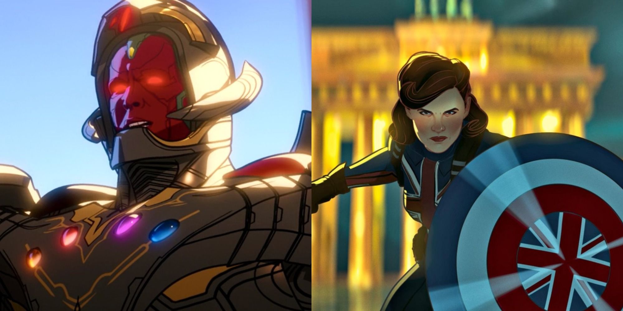 Split image of Ultron in his armor and Peggy Carter with her shield in What If
