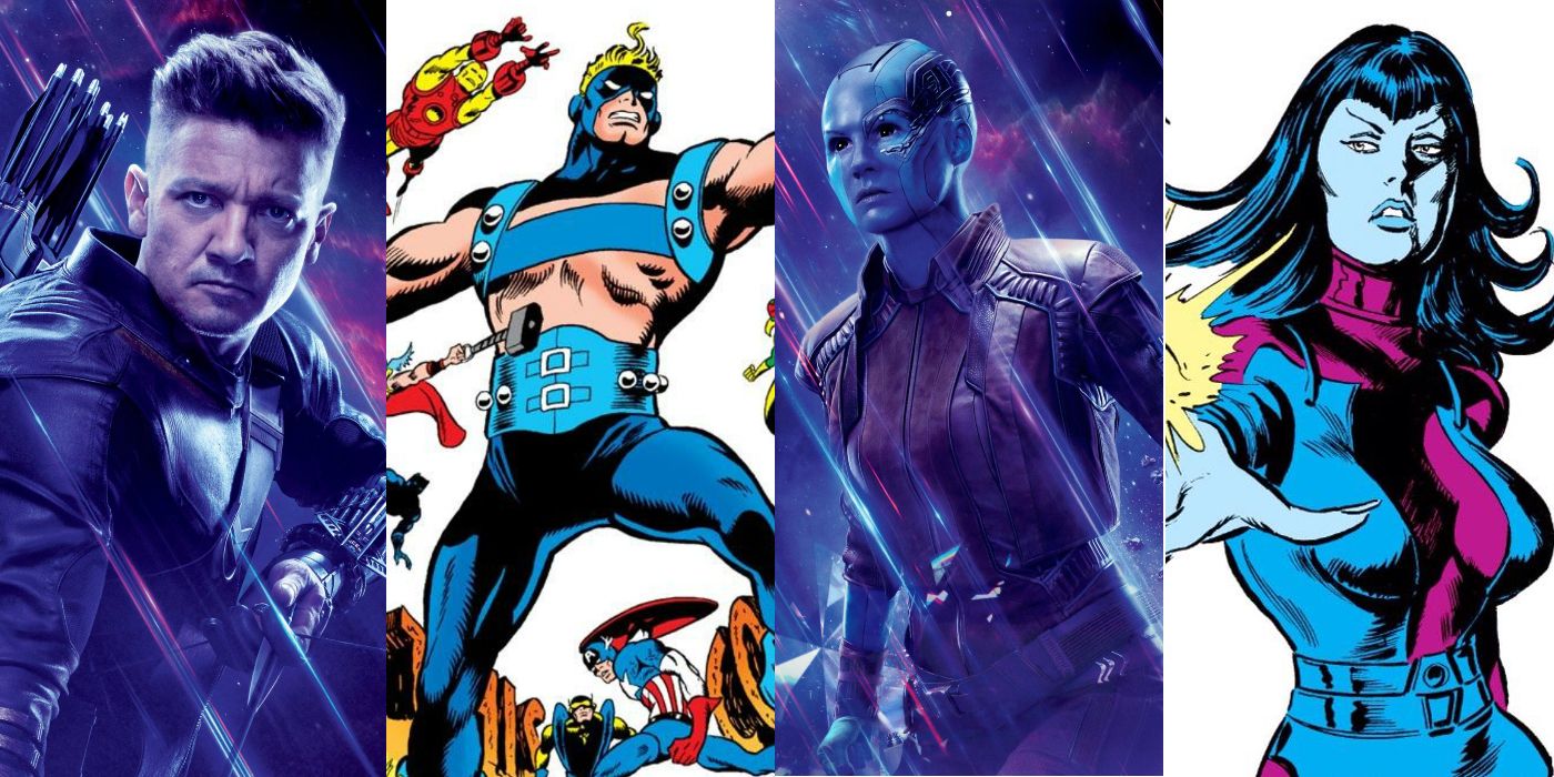 Split image: Hawkeye in the MCU, Goliath in Marvel Comics, Nebula in the MCU, Nebula in Marvel Comics
