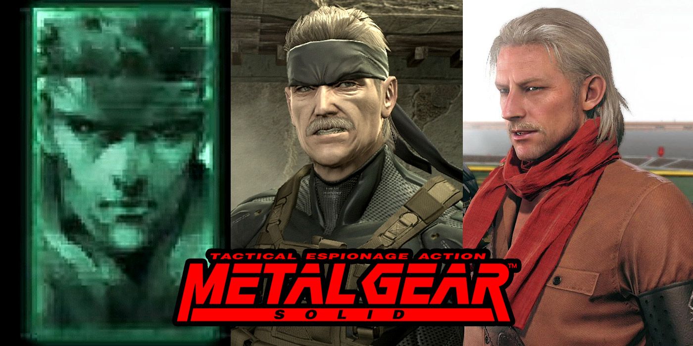 Split image of Solid Snake, Old Snake and Ocelot from Metal Gear Solid