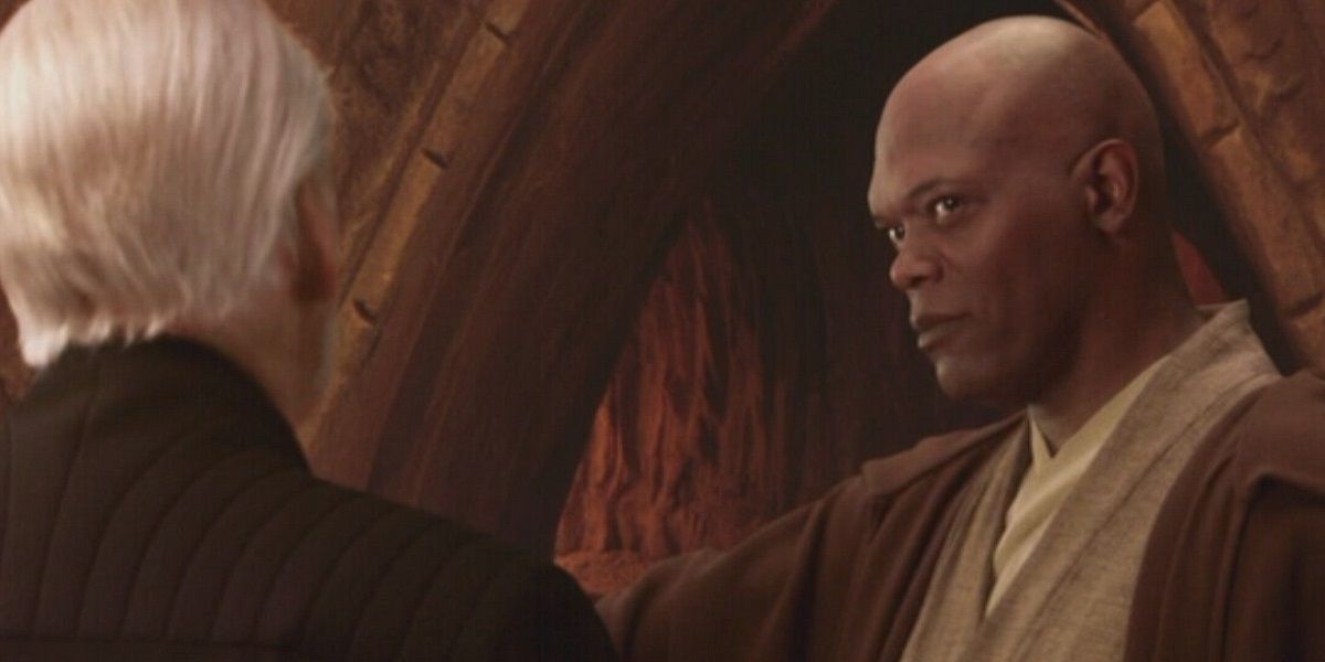 Mace Windu and Count Dooku on Geonosis in Attack of the Clones