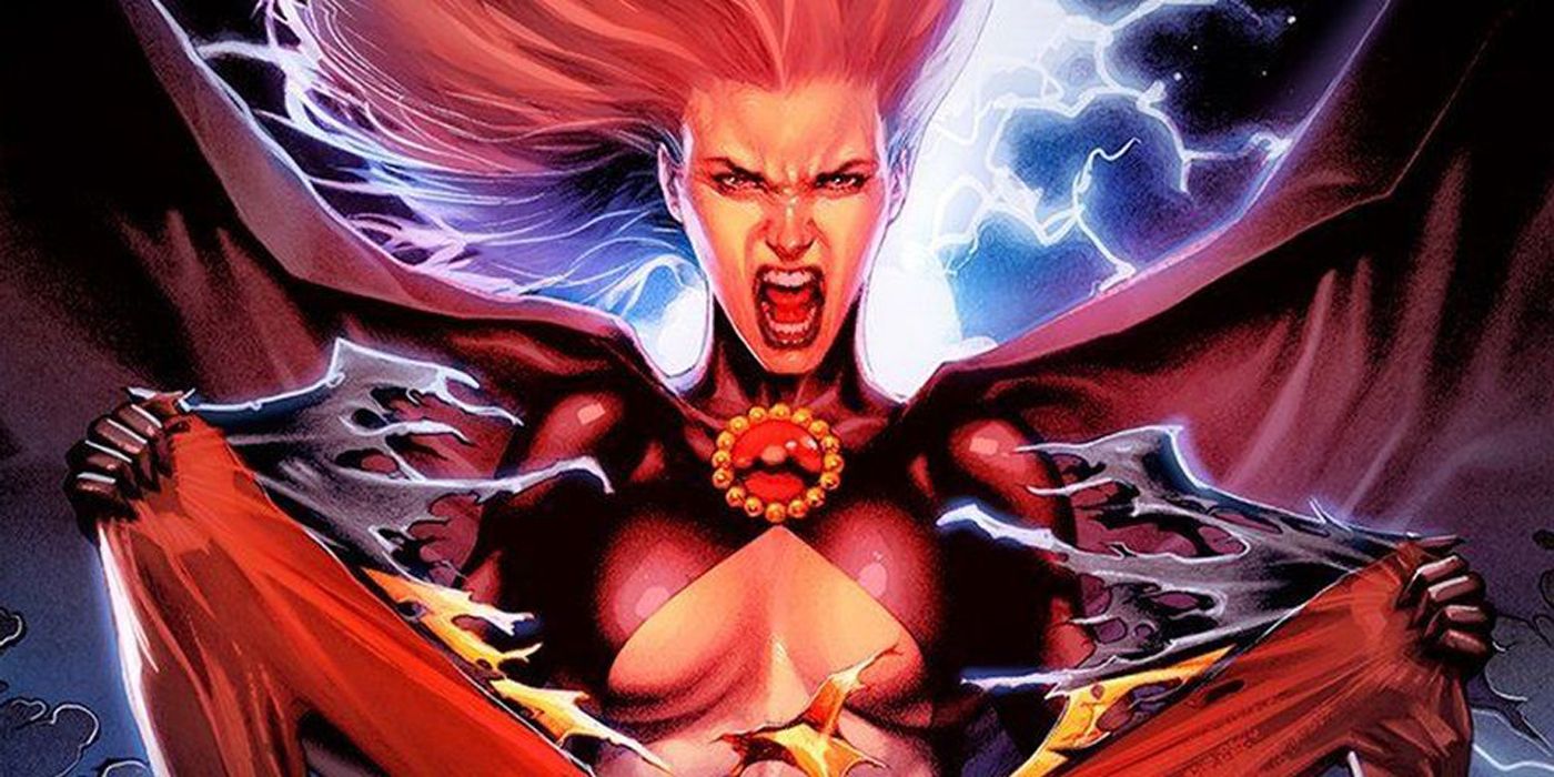 Madelyne Pryor liberando seus poderes mutantes nos quadrinhos dos X-Men.