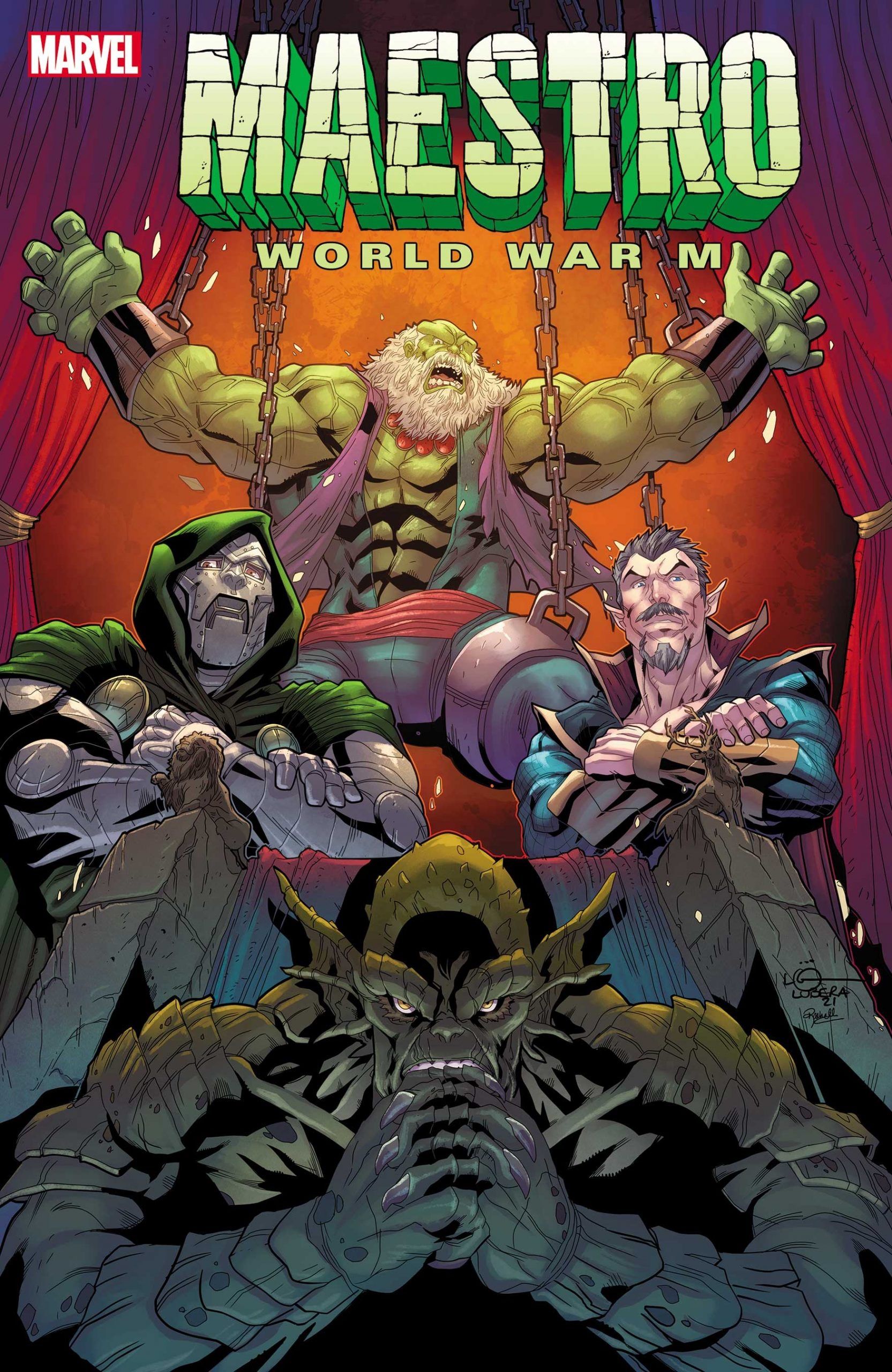 Maestro chained up with Doctor Doom, Namor and Abomination in front of him