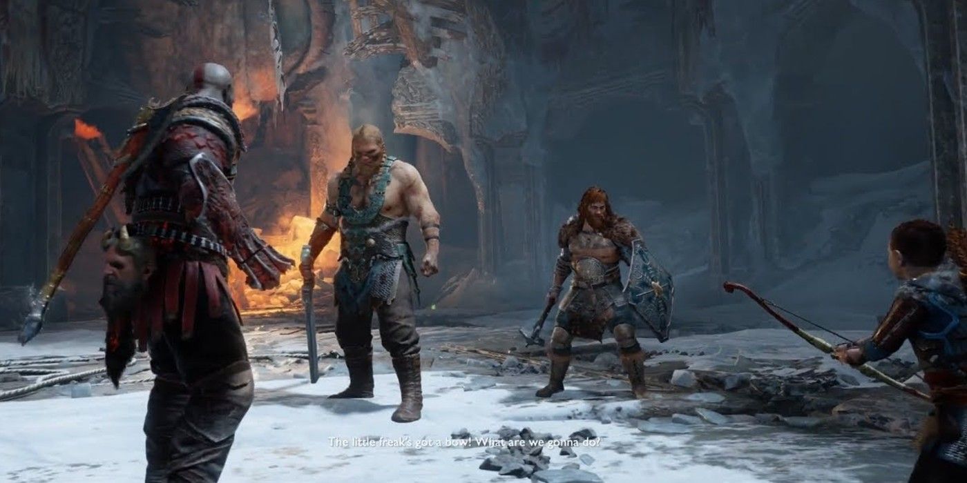 Kratos and Atreus fighting Magni and Modi in God of War.