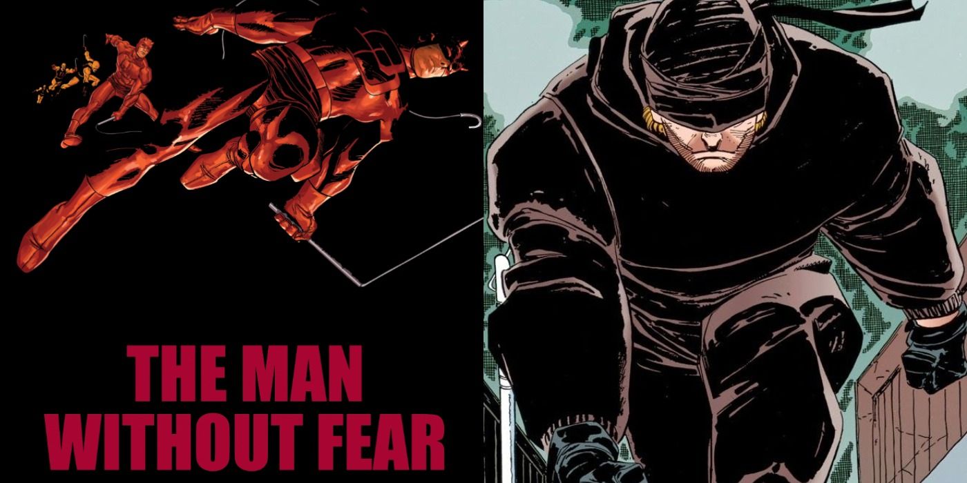 Daredevil on the cover art of The Man Without Fear and black suit