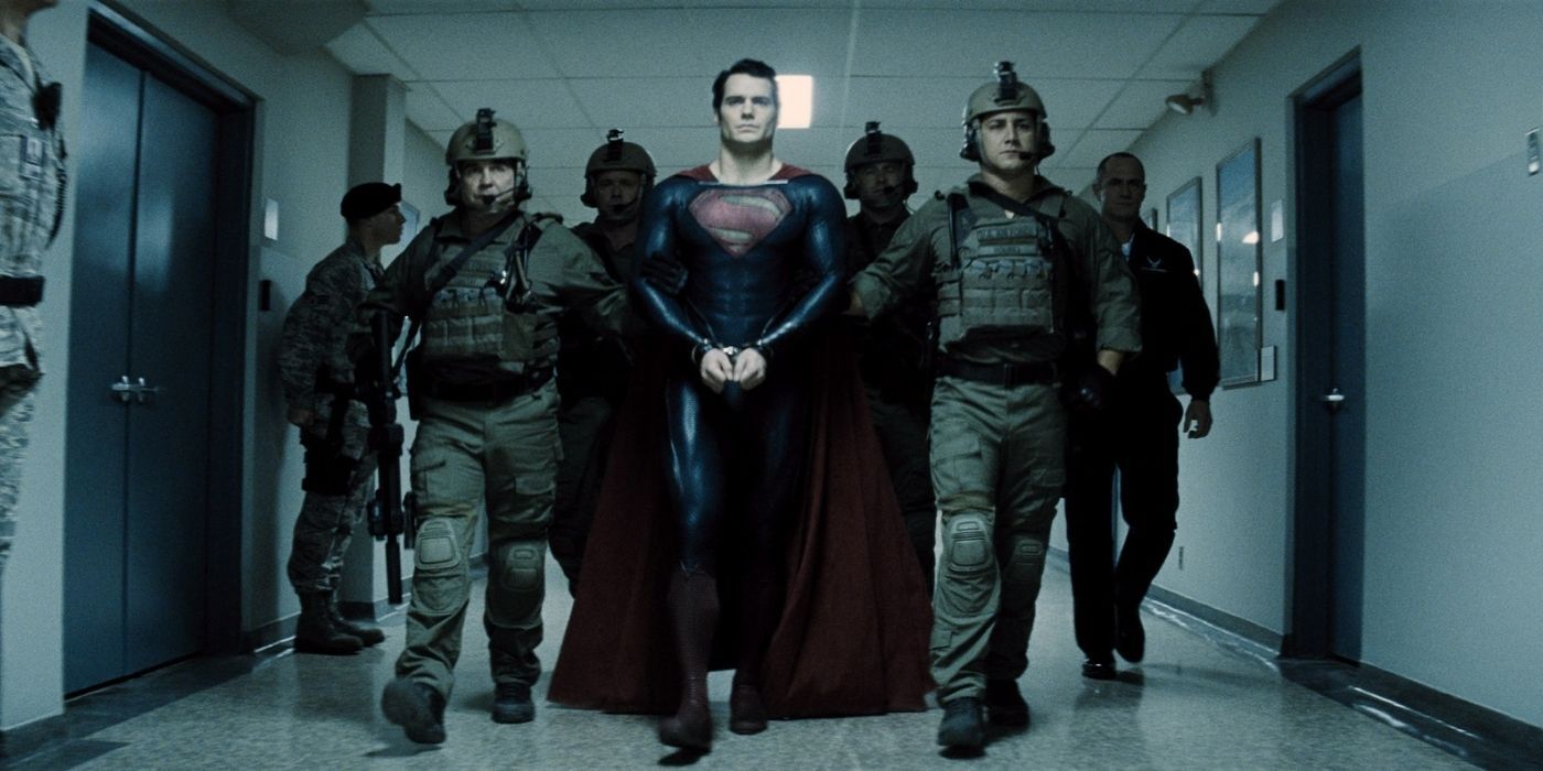 Superman in handcuffs surrounded by soldiers in Man of Steel