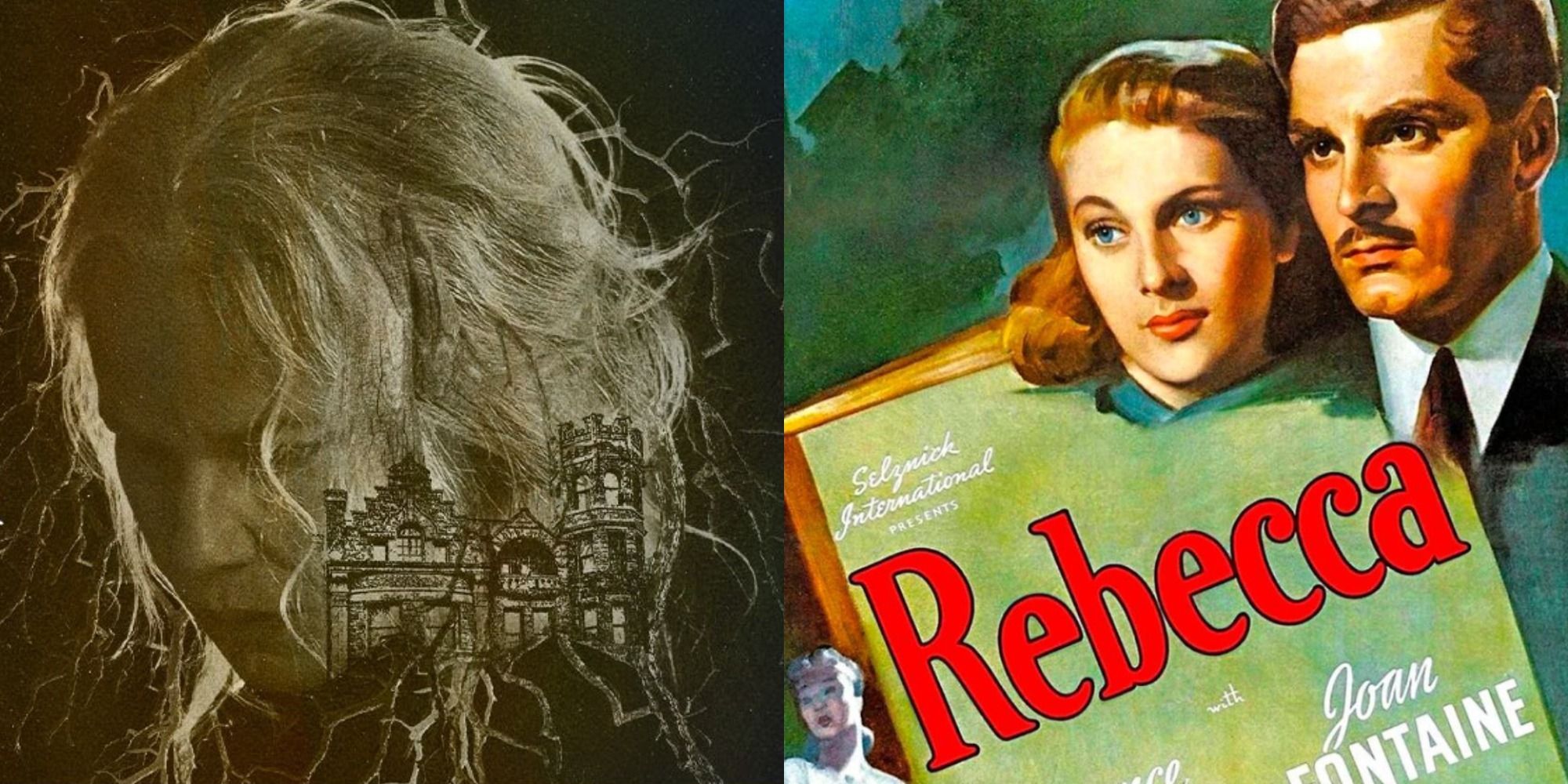 Split image of posters for The Manor and Rebecca