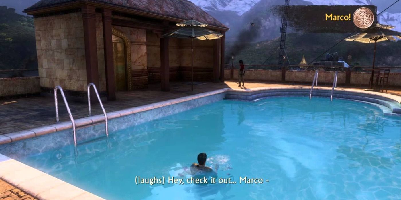 Frake plays Marco Polo in a pool in Uncharted 2: Among Thieves
