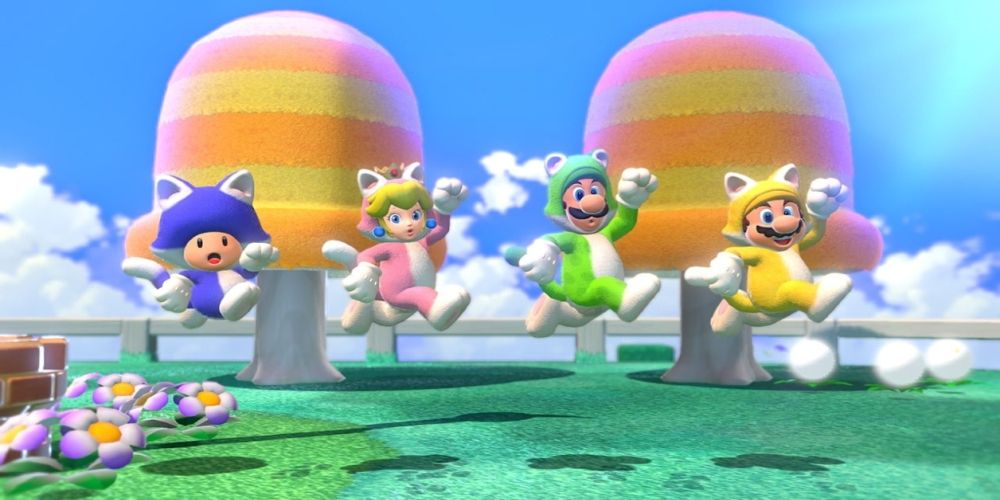 A screenshot of four-player multiplayer in Super Mario World 3D.