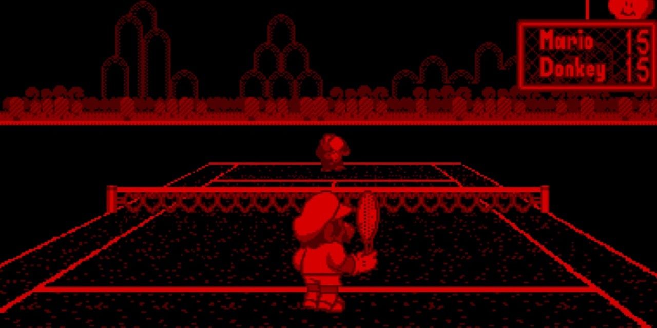 Mario plays against Donkey Kong in Mario's Tennis for Nintnedo's Virtual Boy.