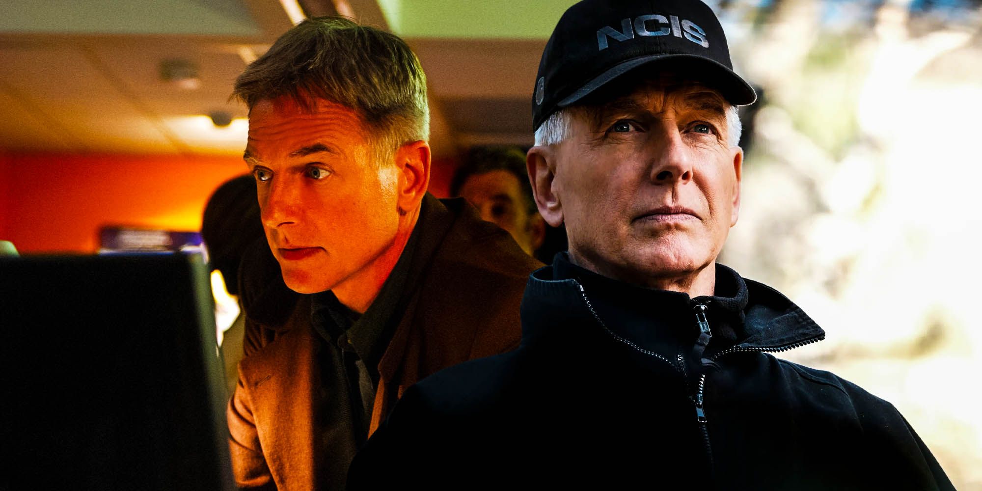 A blended image features Mark Harmon as Gibbs early and at the end of his NCIS run