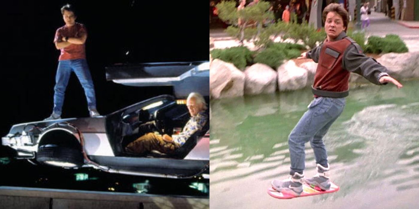Marty McFly on the Delorean's bonnet with Doc Brown in the driving seat, and Marty riding a hoverboard