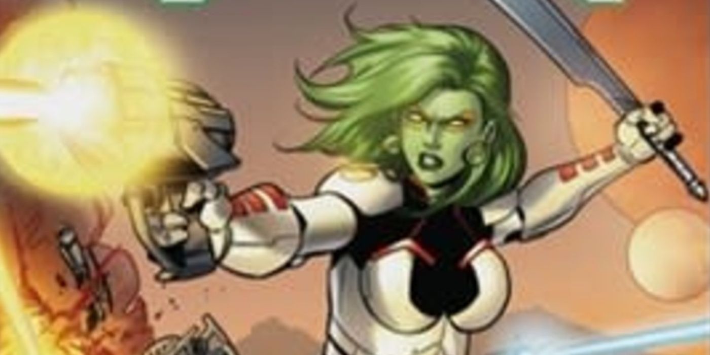 Gamora firing a gun in Marvel Champions