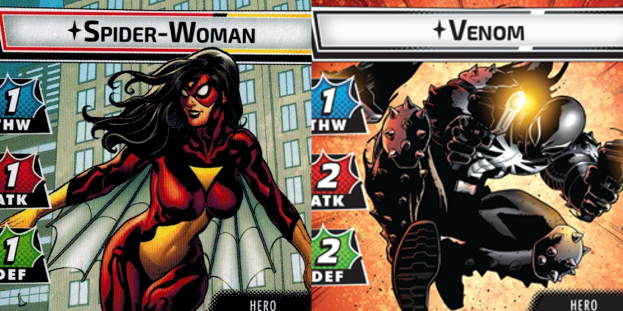 Split image showing Spider-Woman posing and Venom attacking in Marvel Champions.