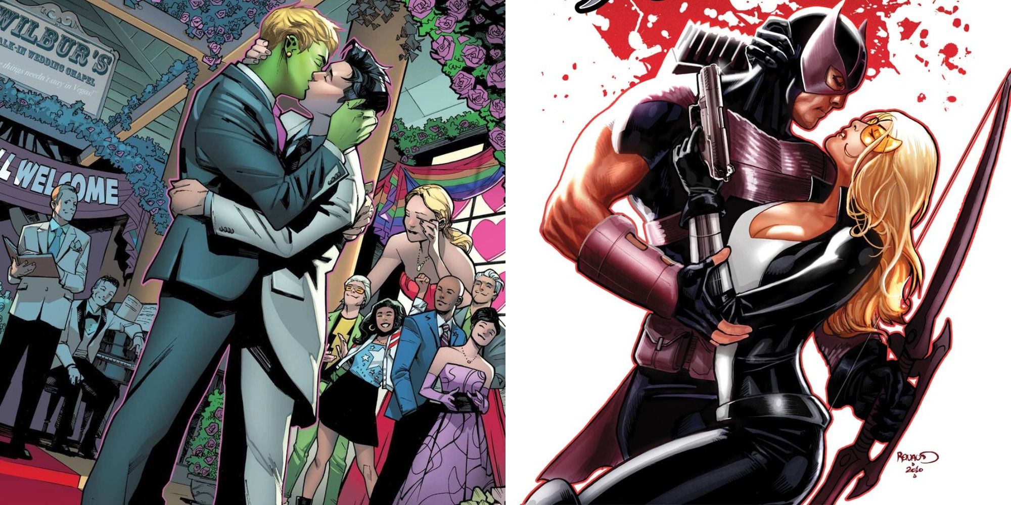 Split image of Hulkling and Wiccan and Hawkeye and Mockingbird in Marvel comics