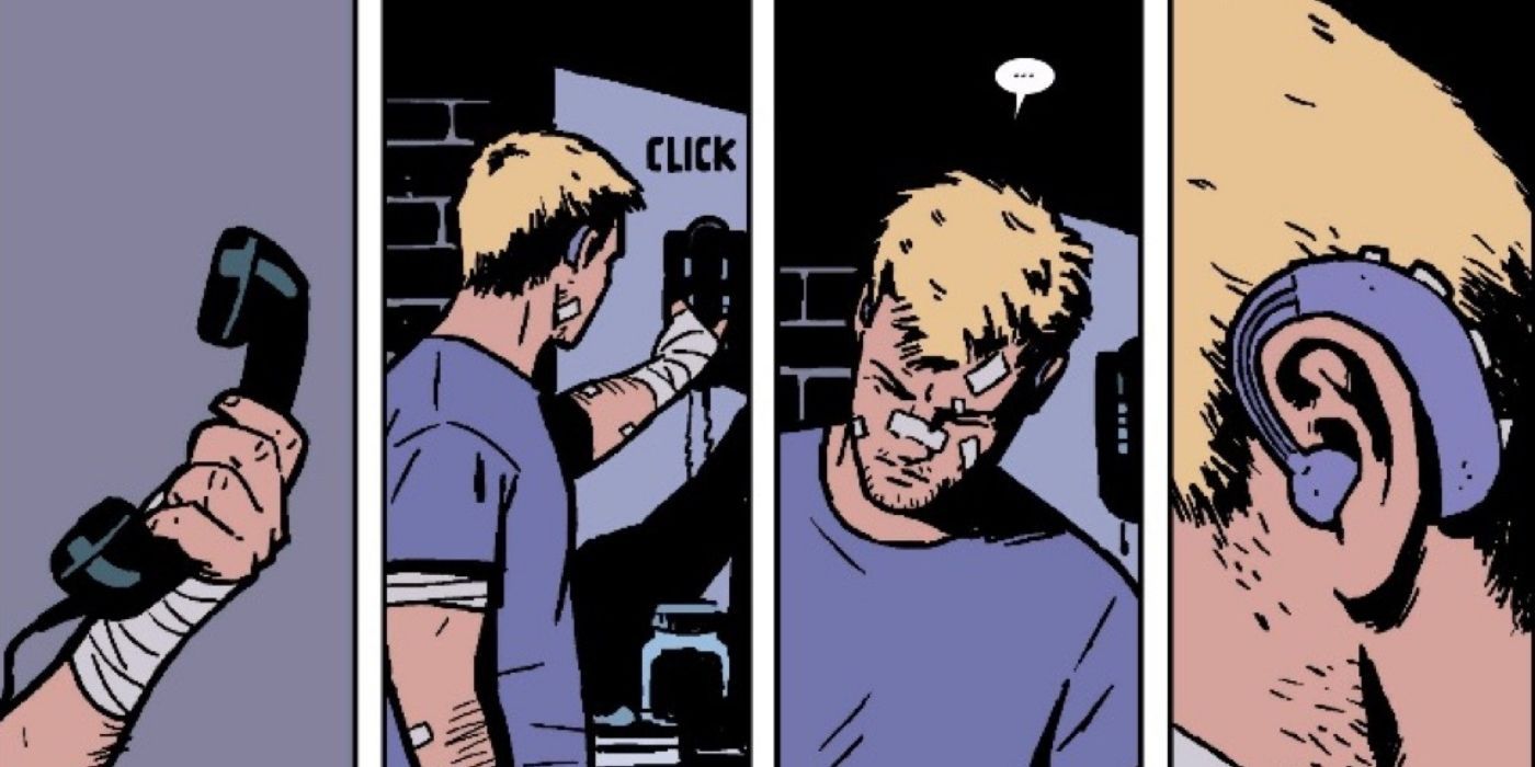 Hawkeye wearing a hearing aid in Marvel comics