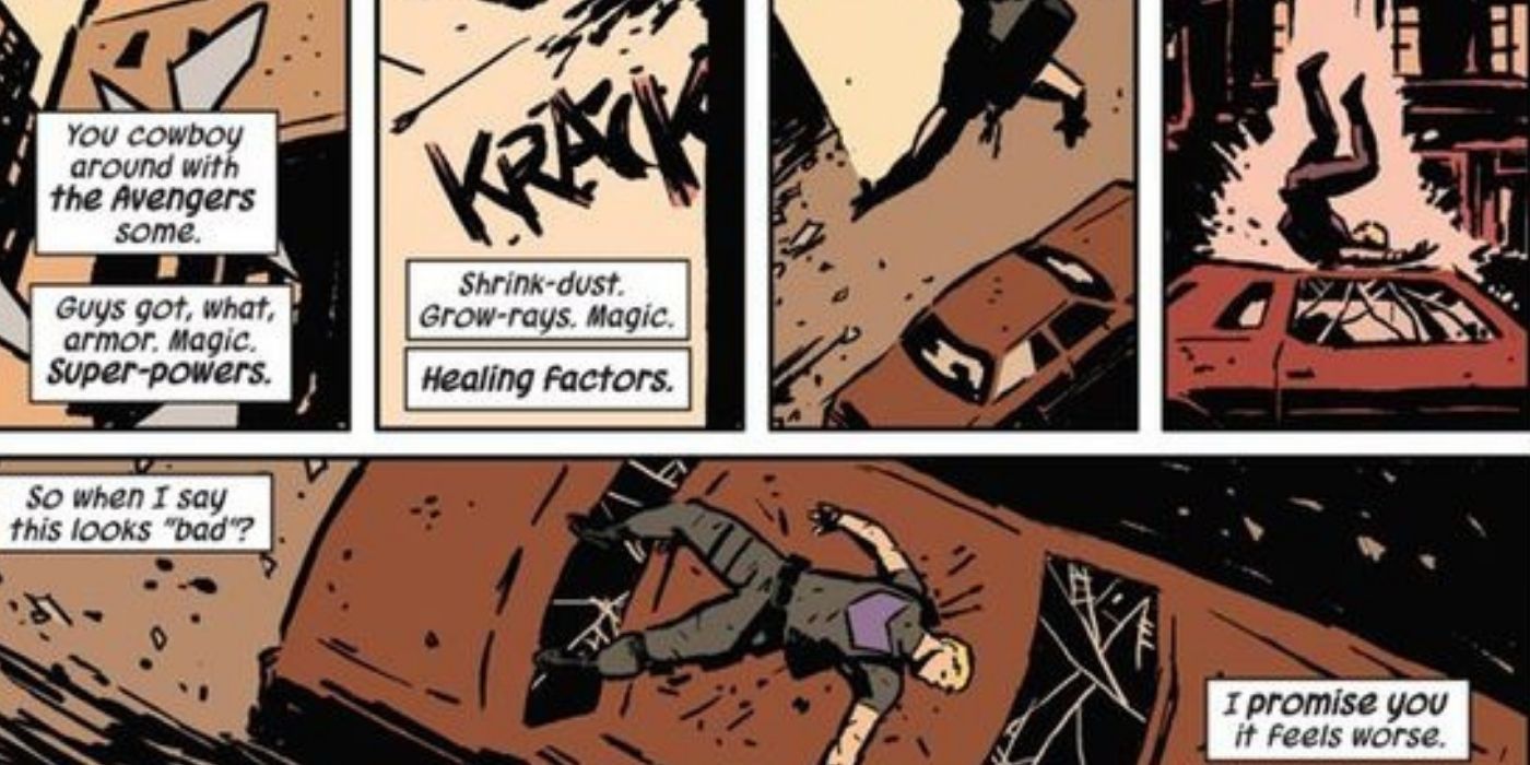 Hawkeye falls onto a car in Marvel comics