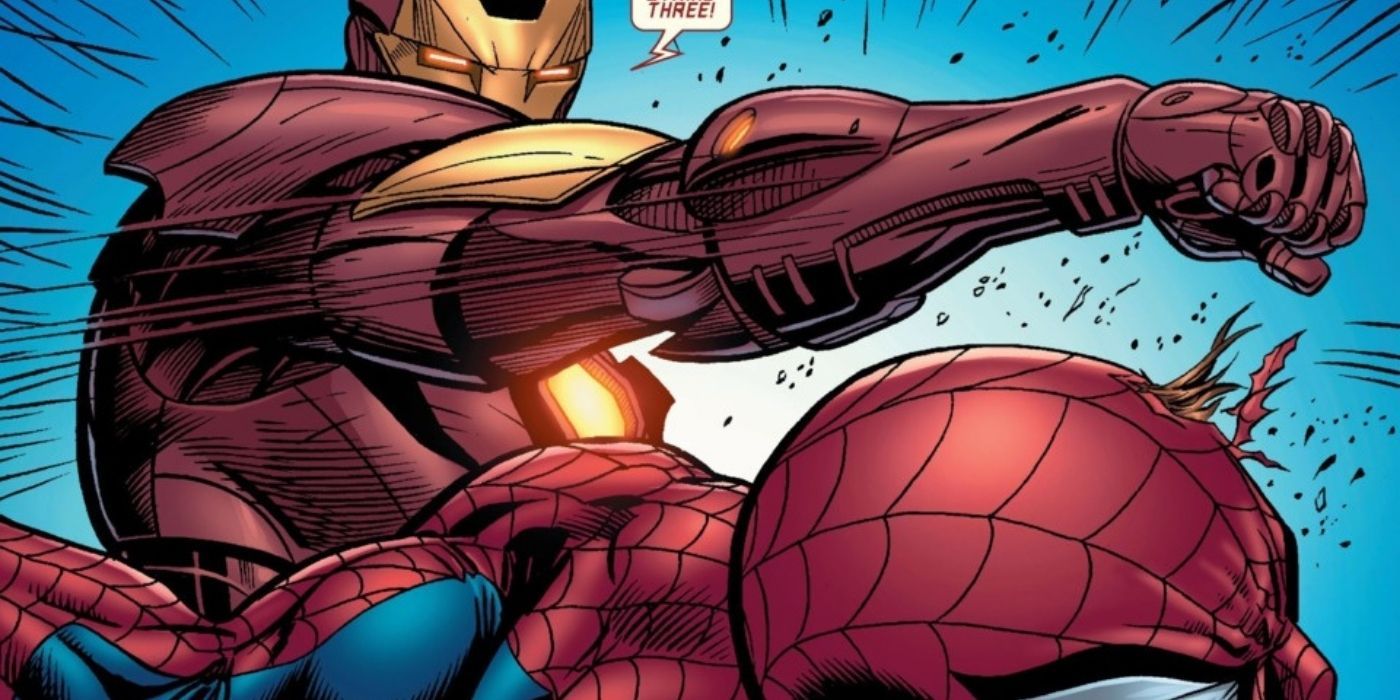 Iron Man punches SpiderMan in the comics