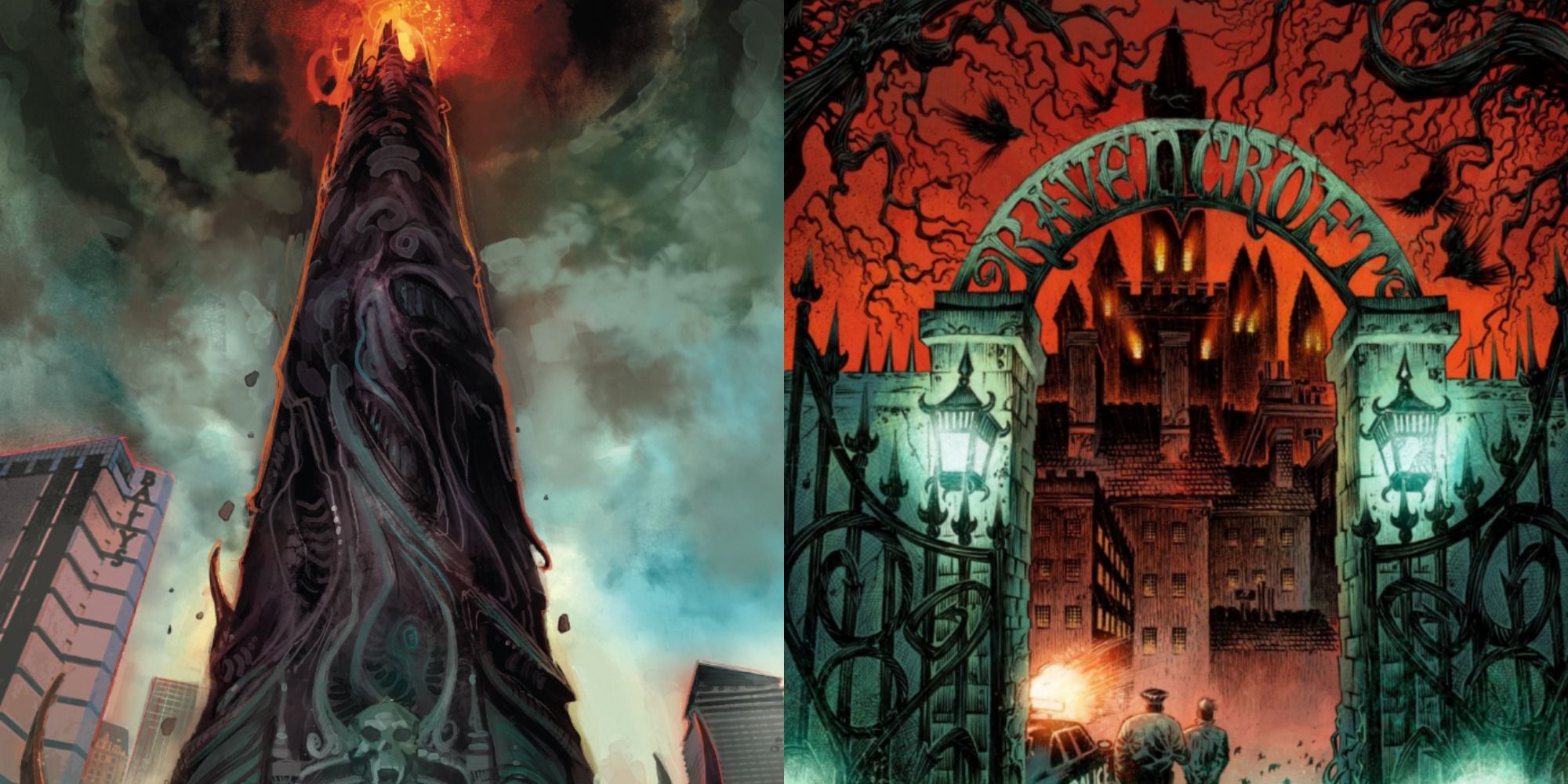 Split image of the Hotel Inferno & the Ravencroft Institute at night in Marvel Comics.