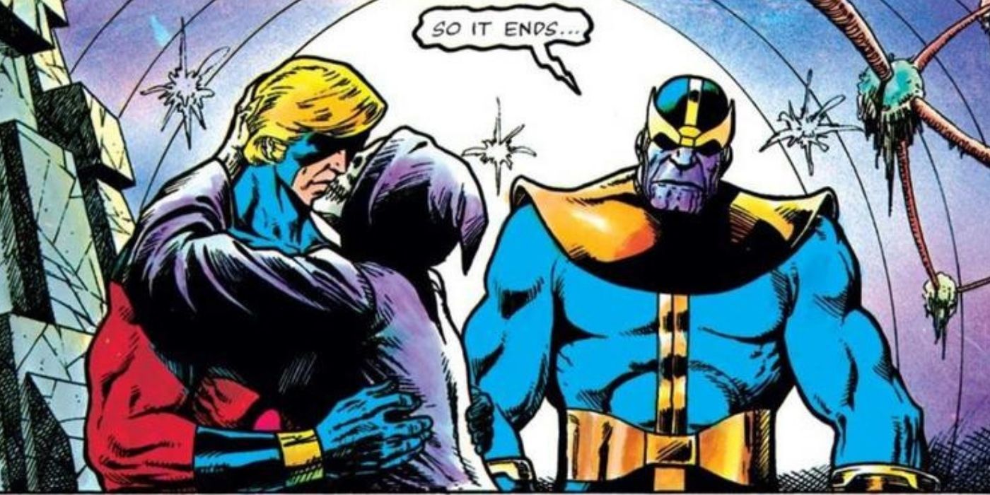 Death kisses Mar-Vell while Thanos watches