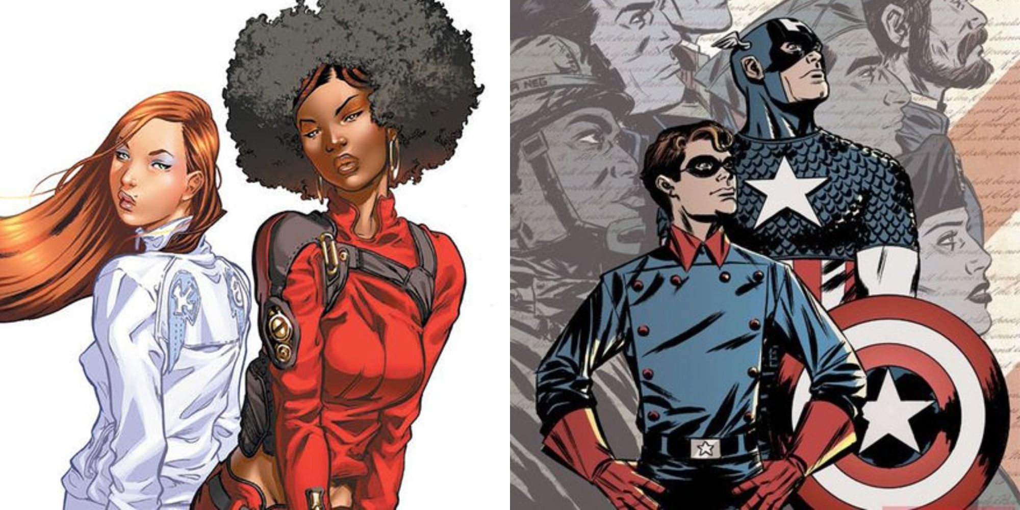 Split image showing Colleen Wing and Misty Knight, and Cap and Bucky in Marvel comics