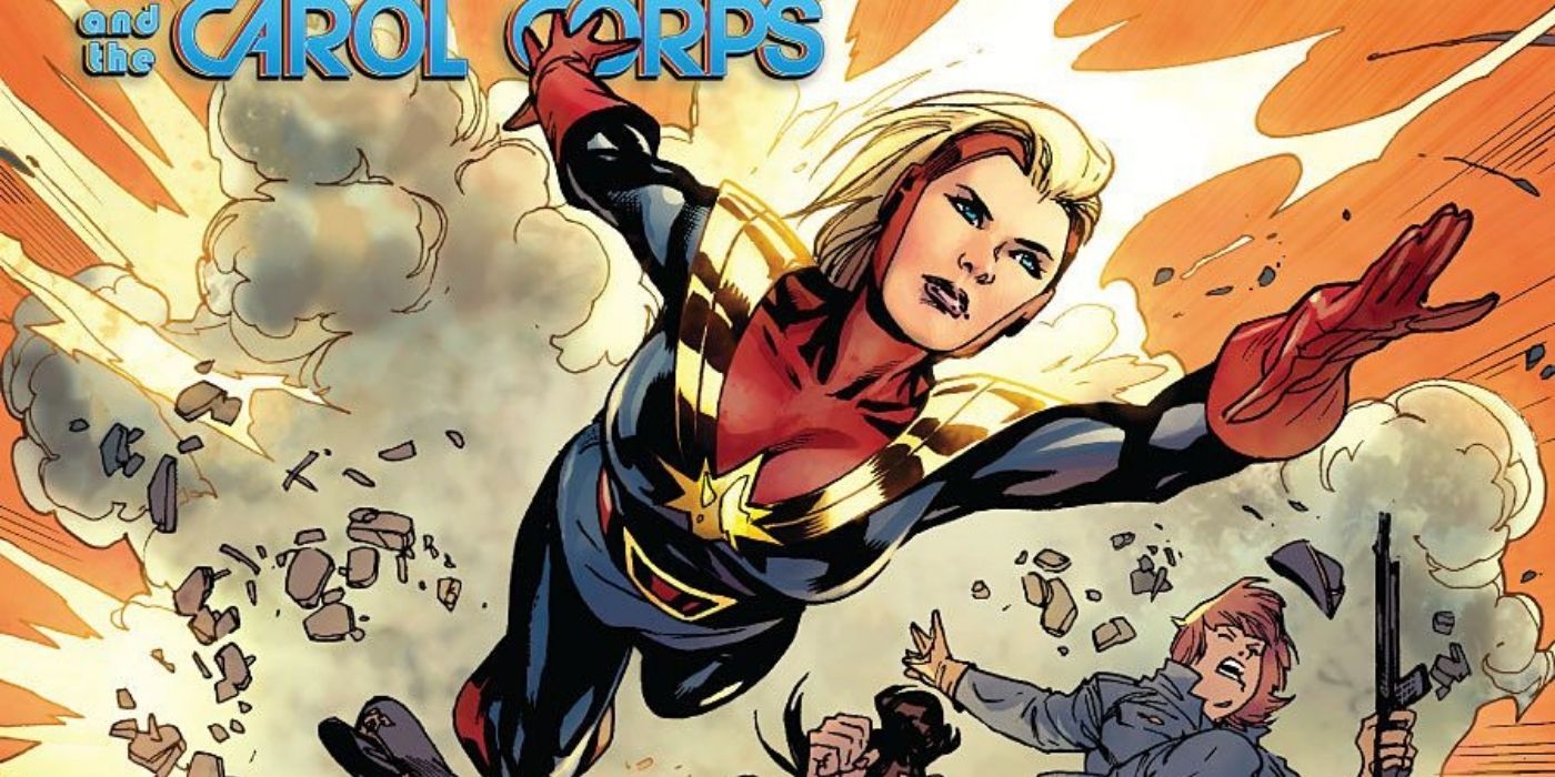 Captain Marvel flying on the cover of Captain Marvel and the Carol Corps