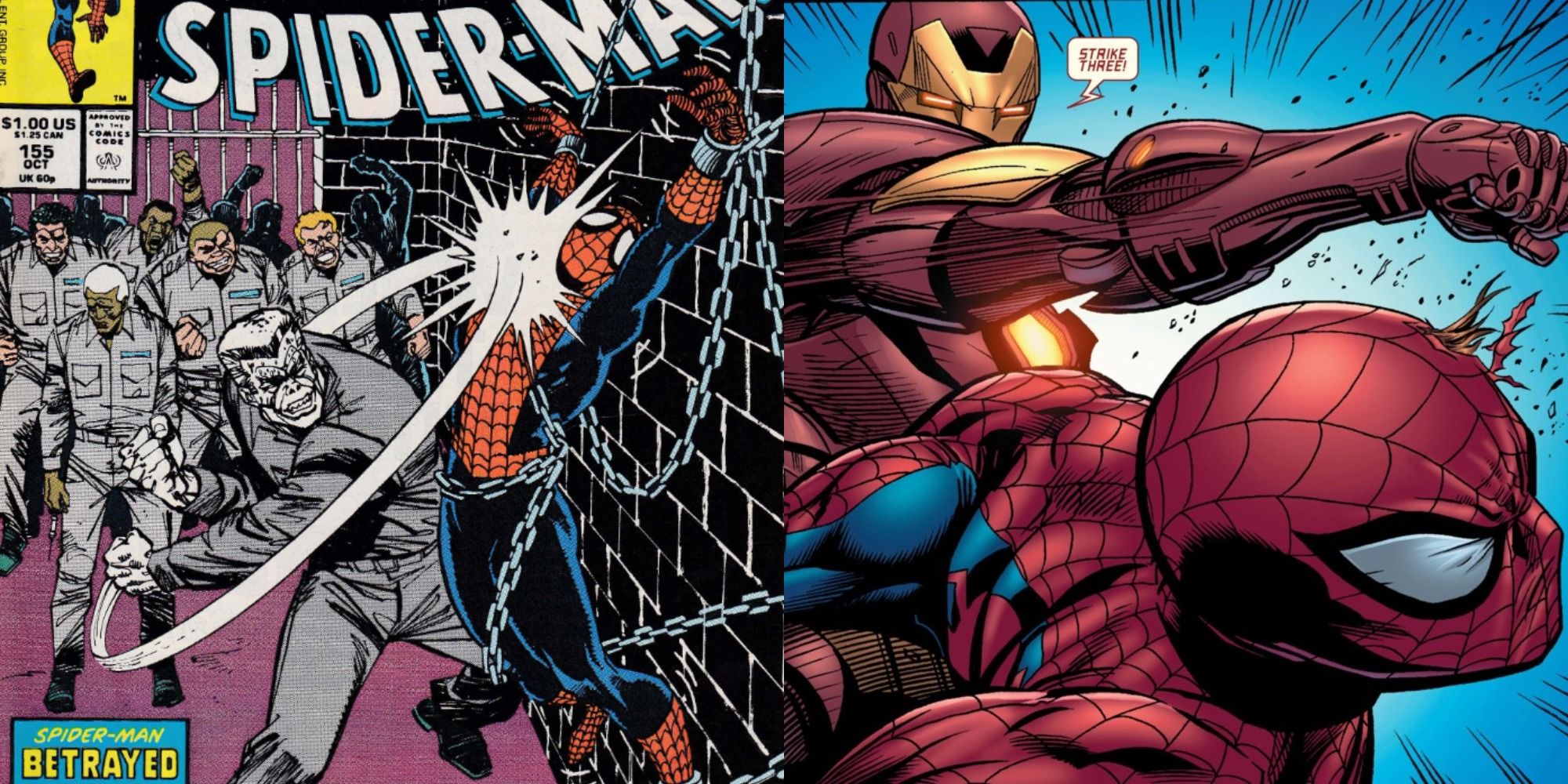 Split image showing Tombstone and Iron Man punching Spider-Man