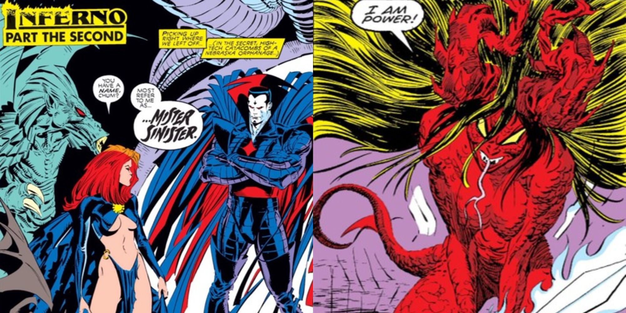 Split image showing the Goblin Queen with Mister Sinister, and the Darkchilde in Marvel Comics