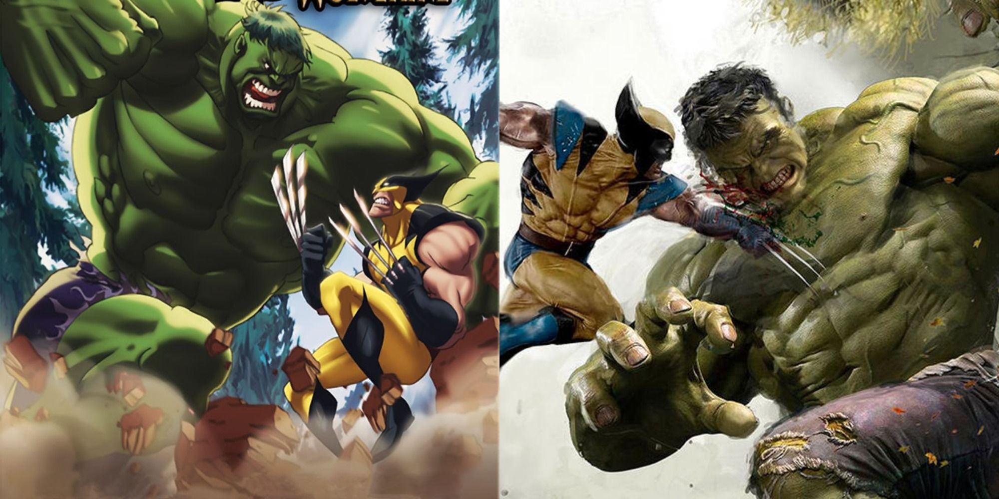 Split image of a cartoon version of Wolverine battling Hulk and the Marvel Comics versions of the heroes.