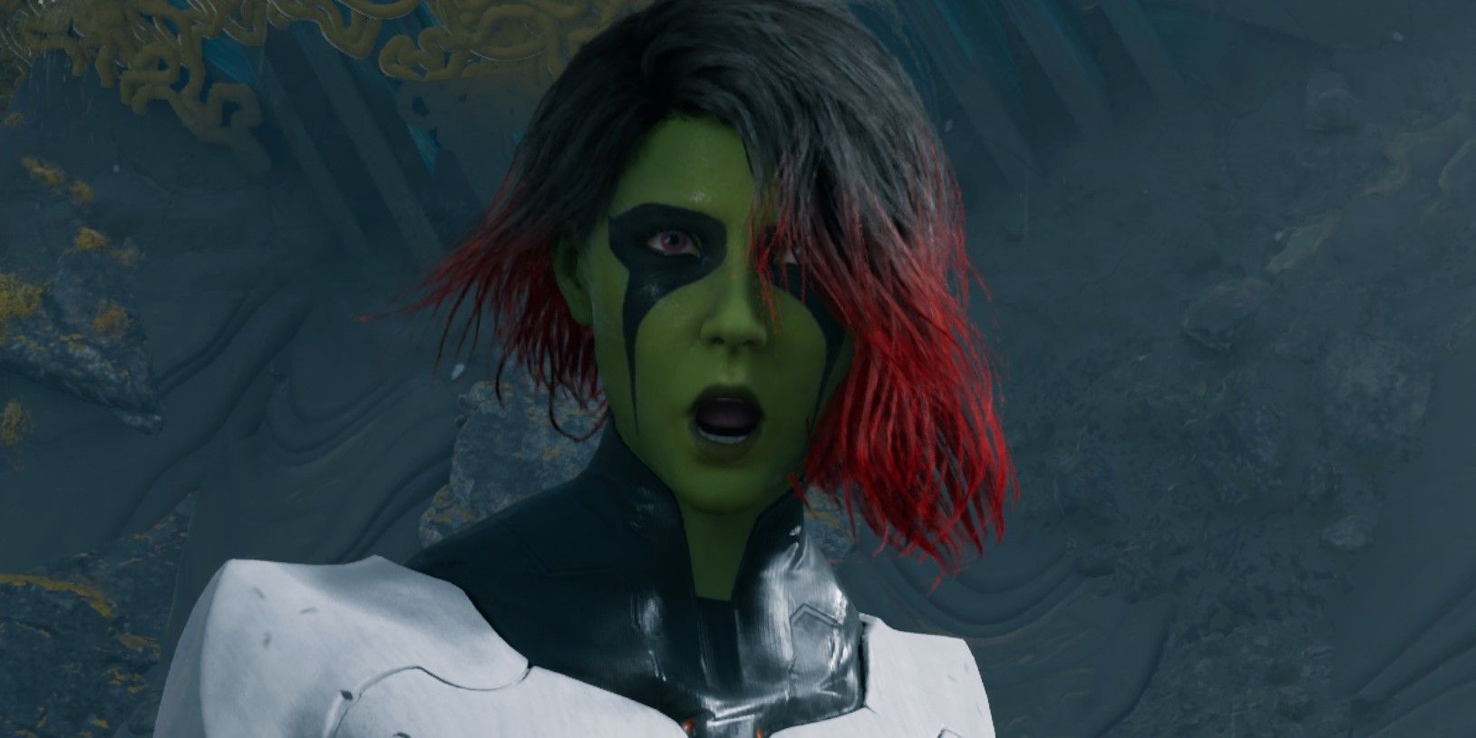 Gamora opens her mouth in surprise in Marvel's Guardians of the Galaxy.