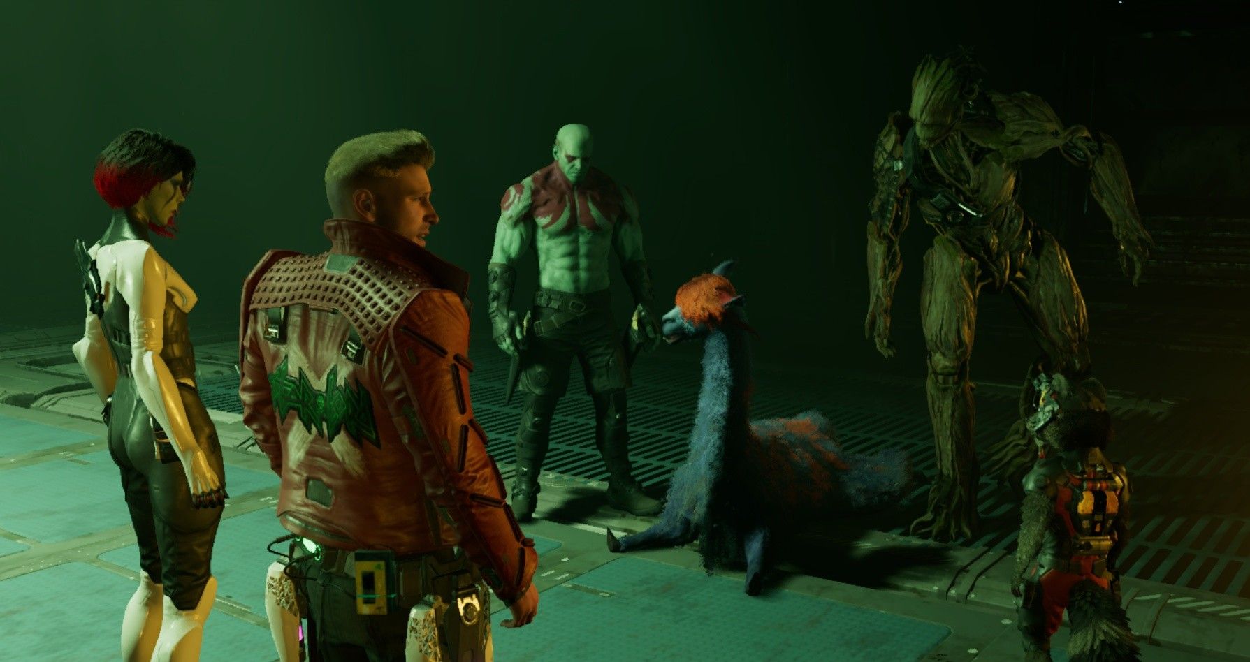 The team gathers around a space llama in the Quarantine Zone during the first mission in Marvel's Guardians of the Galaxy