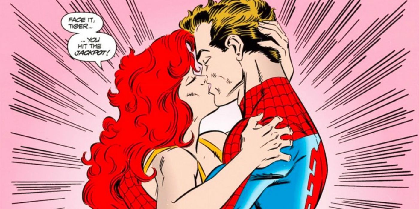 Mary Jane kisses Spider-Man.