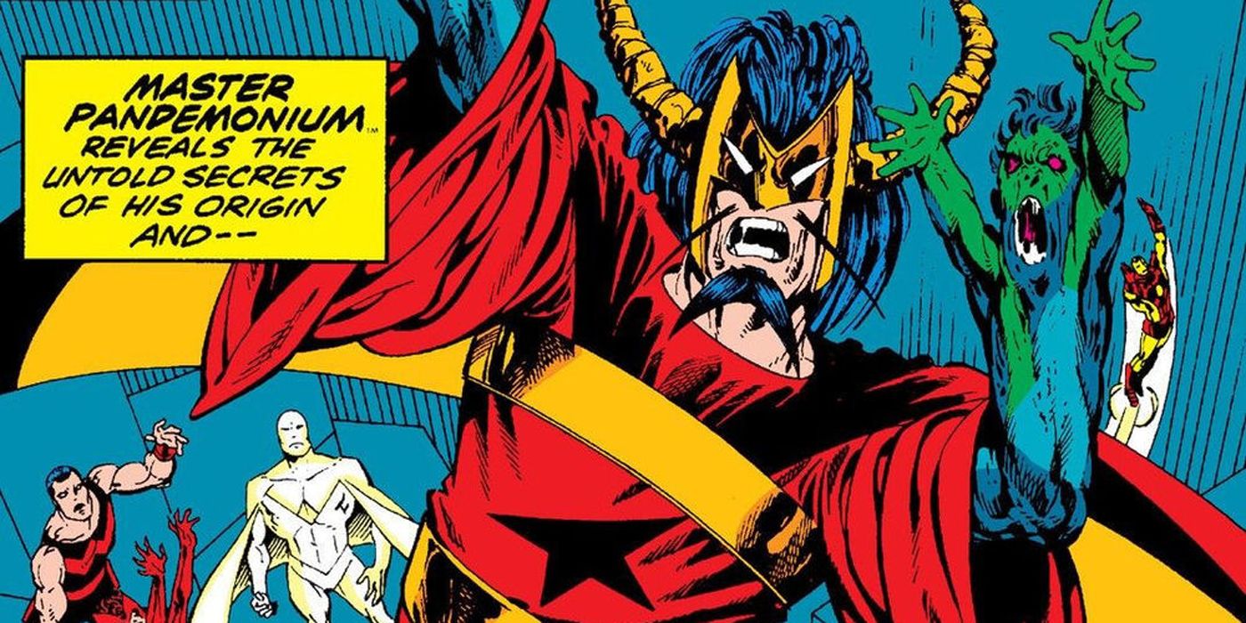 Master Pandemonium takes away Scarlet Witch's children in Marvel Comics.