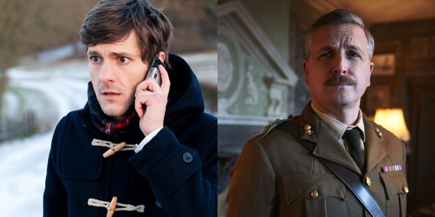 Mathew Baynton in The Wrong Mans talking on the phone, and Ben Willbond in Ghosts in an army uniform