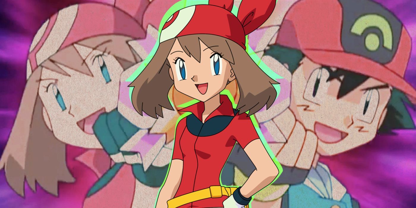 May in front of an image of her and Ash in Pokemon