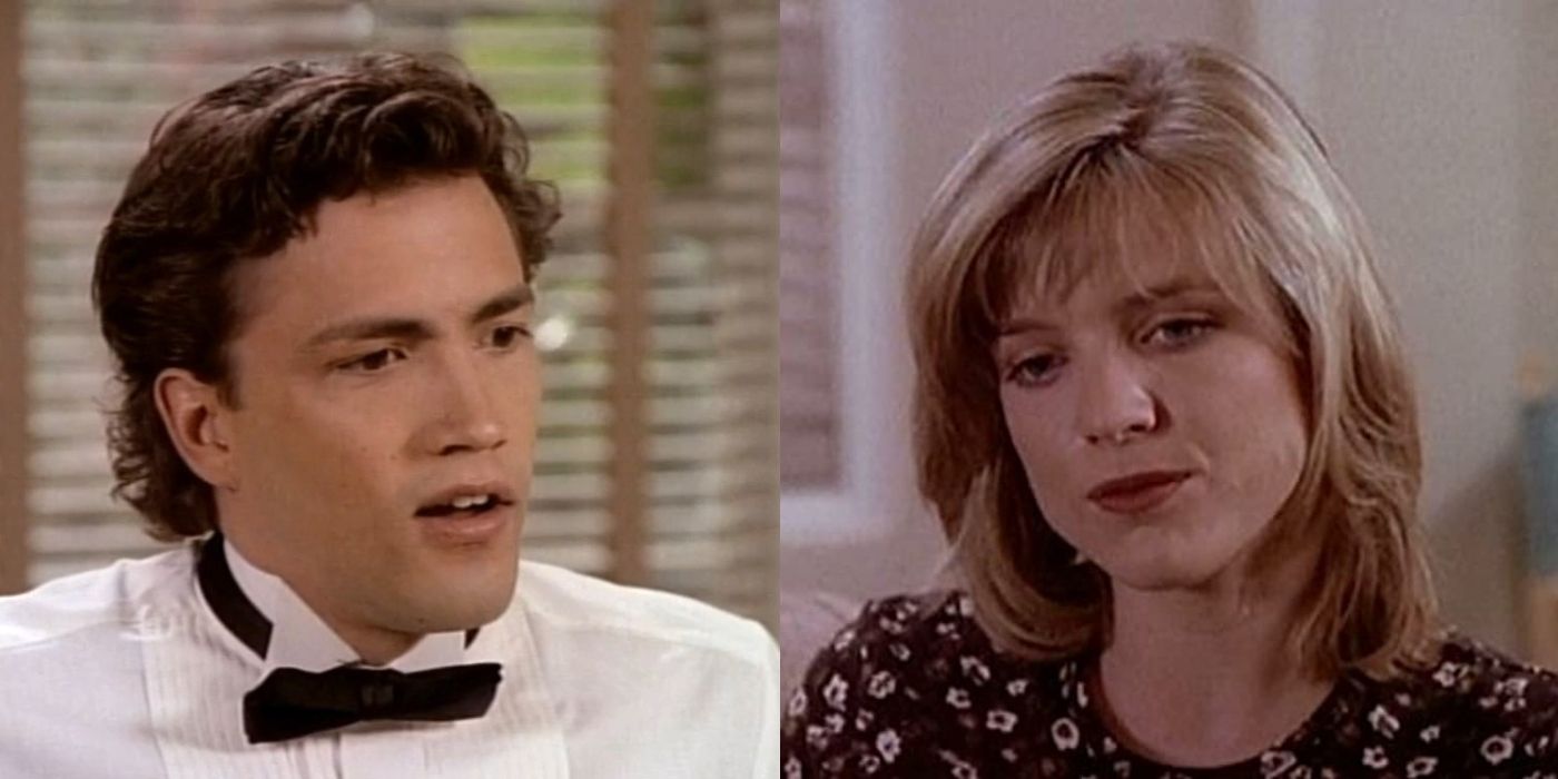 Split image of Billy and Alison looking serious on Melrose Place